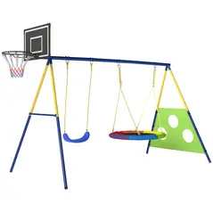 AIYAPLAY 4-in-1 Kids Swing Set with Saucer Swing, Basketball Hoop and Football Goal, Outdoor Playground Playset for Garden - 1
