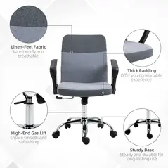 Vinsetto Office Chair Linen Fabric Swivel Computer Desk Chair Home Study Adjustable Chair with Wheels, Grey - 7