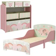 ZONEKIZ Toddler Bed Frame, Kids Storage Shelf Unit with 6 Fabric Bins for Ages 3-6 Years, Pink - 1