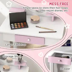 ZONEKIZ Bunny-Design Kids Dressing Table, with Mirror and Stool - White and Pink - 5