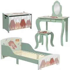 ZONEKIZ Kids Bedroom Furniture Set Includes Bed Frame, Kids Toy Chest, Dressing Table with Mirror and Stoolfor Ages 3-6 Years, Green - 1