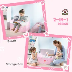 ZONEKIZ 5PCs Kids Bedroom Furniture Set with Bed, Toy Box Bench, Storage Unit, Dressing Table and Stool, Princess Themed, for 3-6 Years Old, Pink - 6