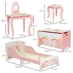 ZONEKIZ Kids Bedroom Furniture Set Includes Bed Frame, Toy Chest, Dressing Table for Ages 3-6 Years, Pink - 3