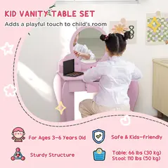 ZONEKIZ Wooden Kids Bedroom Furniture Set with Kids Dressing Table, Stool, Bed, for 3-6 Years, Cat-Design - 4