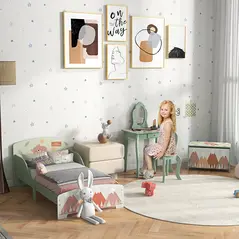 ZONEKIZ Kids Bedroom Furniture Set Includes Bed Frame, Kids Toy Chest, Dressing Table with Mirror and Stoolfor Ages 3-6 Years, Green - 2
