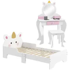 ZONEKIZ Kids Bedroom Furniture Set with Kids Dressing Table with Mirror and Stool, Toddler Bed Frame for 3-6 Years, Unicorn Design - 1