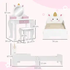 ZONEKIZ Kids Bedroom Furniture Set with Kids Dressing Table with Mirror and Stool, Toddler Bed Frame for 3-6 Years, Unicorn Design - 3