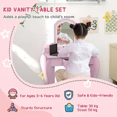 ZONEKIZ Wooden Kids Bedroom Furniture Set with Kids Dressing Table, Stool, Bed, for 3-6 Years, Cloud-Design - 4