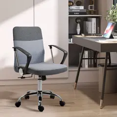 Vinsetto Office Chair Linen Fabric Swivel Computer Desk Chair Home Study Adjustable Chair with Wheels, Grey - 2