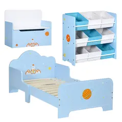 ZONEKIZ 3PCs Kids Bedroom Furniture Set with Bed, Toy Box Bench, Storage Unit with Baskets, Space Themed, for 3-6 Years Old, Blue - 1