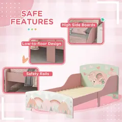 ZONEKIZ Toddler Bed Frame, Kids Storage Shelf Unit with 6 Fabric Bins for Ages 3-6 Years, Pink - 7