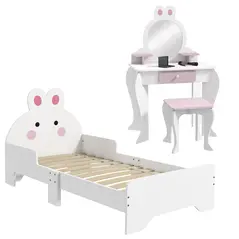 ZONEKIZ Wooden Kids Bedroom Furniture Set with Kids Dressing Table, Stool, Bed, for 3-6 Years, Bunny-Design - 1