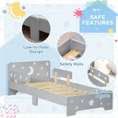 ZONEKIZ 3PCs Kids Furniture Bedroom Set with Bed, Toy Box Bench, Storage Unit with Baskets, Star and Moon Patterns, for 3-6 Years Old Boys Girls, Grey - 7