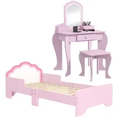 ZONEKIZ Wooden Kids Bedroom Furniture Set with Kids Dressing Table, Stool, Bed, for 3-6 Years, Cloud-Design - 1