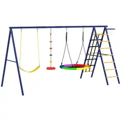 AIYAPLAY 6 in 1 Metal Kids Swing Set with 3 Swings, Climbing Ladder & Net, Basketball Hoop, for Ages 3-8 - 1