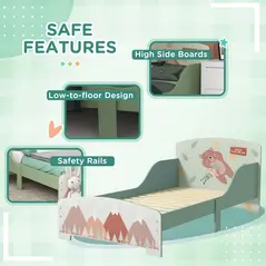 ZONEKIZ Toddler Bed Frame, Kids Storage Shelf Unit with 6 Fabric Bins for Ages 3-6 Years, Green - 7