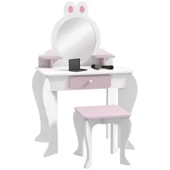 ZONEKIZ Bunny-Design Kids Dressing Table, with Mirror and Stool - White and Pink - 1