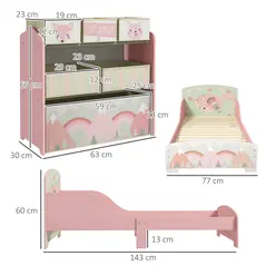 ZONEKIZ Toddler Bed Frame, Kids Storage Shelf Unit with 6 Fabric Bins for Ages 3-6 Years, Pink - 3