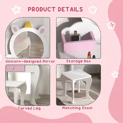 ZONEKIZ Unicorn-Design Kids Dressing Table, with Mirror and Stool - White - 6