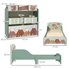 ZONEKIZ Toddler Bed Frame, Kids Storage Shelf Unit with 6 Fabric Bins for Ages 3-6 Years, Green - 3