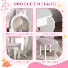 ZONEKIZ Wooden Kids Bedroom Furniture Set with Kids Dressing Table, Stool, Bed, for 3-6 Years, Bunny-Design - 7