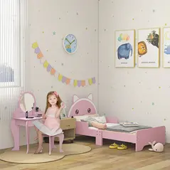 ZONEKIZ Wooden Kids Bedroom Furniture Set with Kids Dressing Table, Stool, Bed, for 3-6 Years, Cat-Design - 2