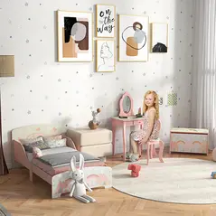 ZONEKIZ Kids Bedroom Furniture Set Includes Bed Frame, Toy Chest, Dressing Table for Ages 3-6 Years, Pink - 2