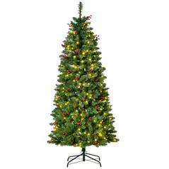 HOMCOM 5FT Prelit Artificial Pencil Christmas Tree with Warm White LED Light, Red Berry, Holiday Home Xmas Decoration, Green - 1