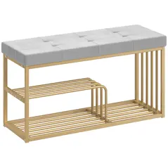 HOMCOM Bench and Shoe Storage, Tufted Shoe Storage Bench with Velvet Seat Cushion Gold Steel Frame for Entryway, Grey - 1