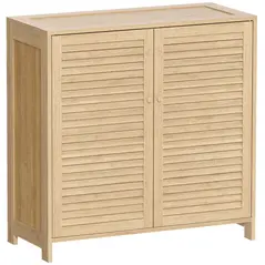 HOMCOM Bamboo Shoe Cabinet with Louvered Doors, 14 Pairs Shoe Storage Cabinet with Adjustable Shelves for Hallway, Natural - 1