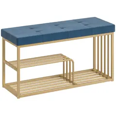 HOMCOM Bench and Shoe Storage, Tufted Shoe Storage Bench with Velvet Seat Cushion Gold Steel Frame for Entryway, Dark Blue - 1