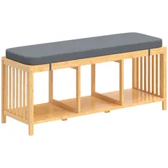 HOMCOM Bamboo Shoe Bench, Entryway Storage Bench with Padded Cushion and Open Shelf, Natural Wood Finish - 1