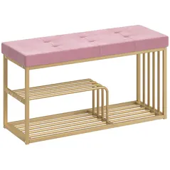 HOMCOM Bench and Shoe Storage, Tufted Shoe Storage Bench with Velvet Seat Cushion Gold Steel Frame for Entryway, Pink - 1