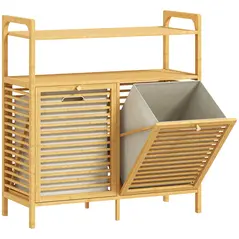 HOMCOM Double Tilt Out Bamboo Laundry Cabinet, Freestanding Bathroom Cabinet with 2 Removable Baskets, Natural - 1