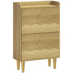 HOMCOM Narrow Shoe Cabinet, Modern Shoe Storage Cabinet with 2 Flip Drawers, Oak - 1