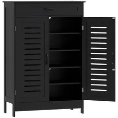 HOMCOM Shoe Cabinet with Louvered Doors, Modern Shoe Storage Cabinet with Drawer and Adjustable Shelves, Black - 1