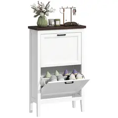 HOMCOM Shoe Cabinet with 2 Flip Drawers, Farmhouse Narrow Shoe Storage Cabinet with Adjustable Shelves, White - 1