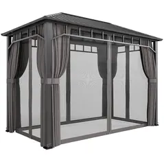 Outsunny 2 x 3.5 m Hardtop Gazebo with Galvanised Steel Roof, Waterproof Permanent Pavilion Garden Gazebo with Netting and Curtains for Patio, Deck, Dark Grey - 1