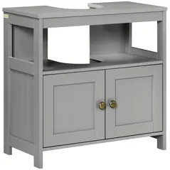 kleankin Pedestal Under Sink Cabinet with Double Doors, Modern Bathroom Vanity Storage Unit with Shelves, Light Grey - 1