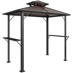 Outsunny 2.5 x 1.5 m Hardtop Grill Gazebo with Double Roof, Aluminium Outdoor BBQ Gazebo Shelter with 2 Side Shelves, Brown - 1