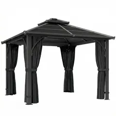 Outsunny 2.5 x 2.5 m Hardtop Gazebo Canopy with 7mm PC Roof, Garden Gazebo Permanent Pavilion with Netting, Curtains, Dark Grey - 1