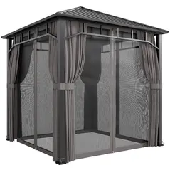 Outsunny 2.5 x 2.5 m Hardtop Gazebo with Galvanised Steel Roof, Waterproof Permanent Pavilion Garden Gazebo with Netting and Curtains for Patio, Deck, Dark Grey - 1