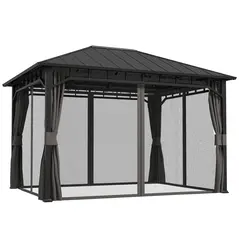 Outsunny 3 x 4m Hardtop Gazebo with Galvanised Steel Roof and Water Gutter, Waterproof Permanent Pavilion Garden Gazebo with Netting and Curtains for Patio, Deck - 1
