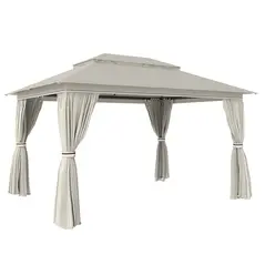 Outsunny 3 x 4 m Outdoor Garden Gazebo with Netting and Curtains, UPF50+ Patio Gazebo Permanent Pavilion Canopy, Beige - 1
