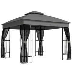 Outsunny 3 x 3 m Outdoor Garden Gazebo with Post Shelves, UPF50+ Double Roof Patio Permanent Pavilion, Grey - 1
