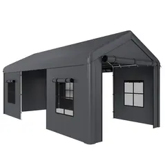Outsunny 3 x 6 m Heavy Duty Carport, Portable Garage Car Canopy Tent with Galvanised Frame, Doors, Windows, Dark Grey - 1