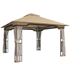 Outsunny 3.3 x 3.3 m Outdoor Garden Gazebo with Post Shelves, UPF50+ Patio Permanent Pavilion with Hook, Khaki - 1