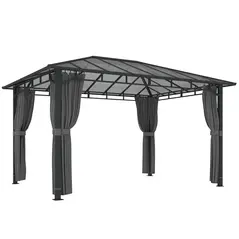 Outsunny 3 x 4 m Outdoor Hardtop Gazebo Canopy with PC Roof, Aluminium Permanent Pavilion Garden Gazebo with Curtains, Dark Grey - 1