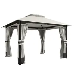 Outsunny 3 x 3.6 m Outdoor Garden Gazebo with Netting and Curtains, Double Roof Patio Gazebo Permanent Pavilion, Light Grey - 1