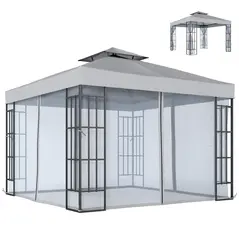 Outsunny 3 x 3(m) Patio Gazebo Canopy Garden Pavilion Tent Shelter with 2 Tier Roof and Mosquito Netting, Light Grey - 1